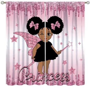 Imagem de AAVEUP Cortinas para meninas negras, fantasia rosa estrela mágica gênio menina afro-negra tratamentos cortinas de bolso de varão para berçário crianças sala de estar quarto 106,7 x 113 cm (sem