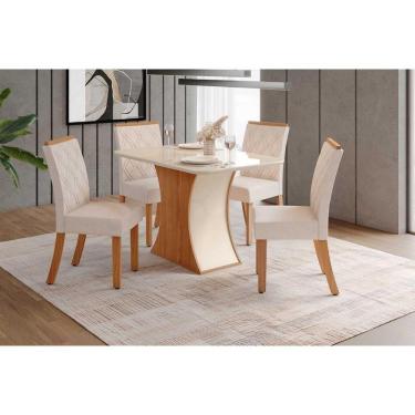 Imagem de Conjunto Mesa Sala Jantar Luiza Com Tampo De Vidro 120x80cm E 4 Cadeiras Vita Nature Off White Linho Bege Henn