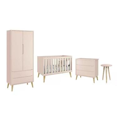 Imagem de Dormitório Theo 2 Portas E Mesa De Canto Rosa Com Pés Madeira Natural - Reller Móveis Rosa