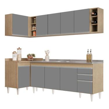 Imagem de Armário De Cozinha Modulado De Canto Direito 5 Peças Cp45 Com Pia Inox Castanho/cinza - Lumil