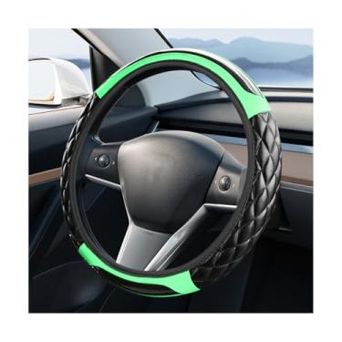 Imagem de FALVFUN Capa de volante de carro, protetor de volante antiderrapante de couro de fibra de carbono elástico de 38 cm, acessórios de proteção para interiores automotivos, universal para veículos (verde
