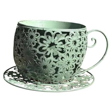 Imagem de KiBcsLic Vaso de plantas, vasos de flores, vaso de metal, de mesa para interiores, arte em forma de xícara de café de metal para escritório ou restaurante, Verde