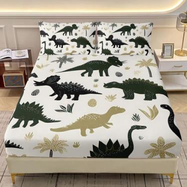 Imagem de AILONEN Jogo de cama casal de dinossauro - lençol com elástico com estampa de dinossauro e 2 fronhas - Jogo de lençol com 3 peças de animais antigos para crianças, adolescentes e meninos