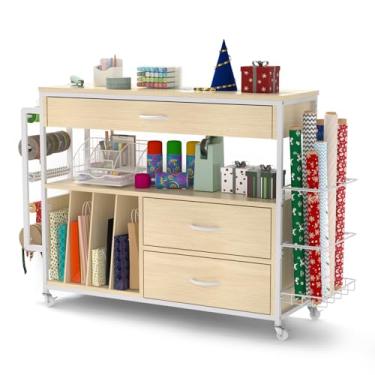 Imagem de Anrigeail Armazenamento e organizador de papel de embrulho de Natal, carrinho de artesanato com fita e armazenamento de saco de presente, suporte organizador de papel de embrulho (3 gavetas de madeira