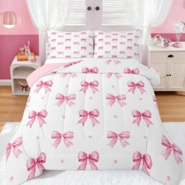 Imagem de Feelyou Conjunto de edredom com laço rosa, solteiro, para meninas, com laço fofo, edredom kawaii, estilo princesa sonhadora, microfibra, 2 peças com 1 fronha