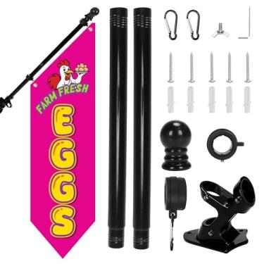 Imagem de Kit de bandeira Farm Fresh Eggs com mastro – 106,7 x 30,5 cm, bandeira dupla face de lona resistente, suporte de fazenda rústica ao ar livre ou placa de barraca de mercado, exibição publicitária