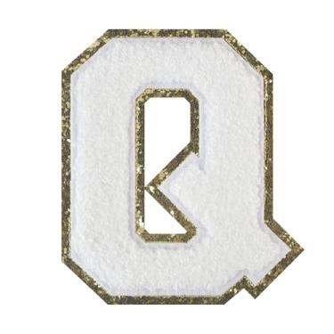 Imagem de 1 PÇ Patch de letra de chenille de ferro branco de 11,4 cm com borda dourada – Remendos do alfabeto para roupas, jaquetas, mochilas, chapéus para decoração personalizada, nome personalizado e