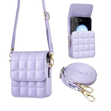 Imagem de KONXISA Capa para Galaxy Z Flip7 / Z Flip 7 FE, capa de celular com material de couro sintético premium, bolsa flip com alça de ombro longa, capa protetora resistente a poeira, roxa