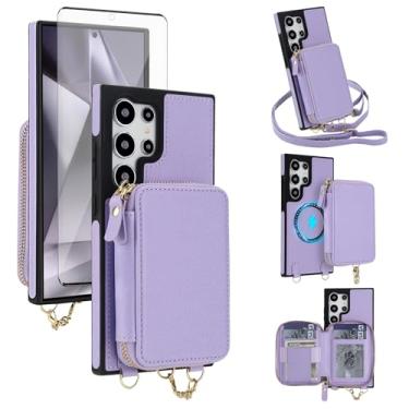 Imagem de Capa de telefone para Samsung Galaxy S25 Ultra 5G carteira com zíper capa protetora de tela transversal alça magnética destacável compatível com MagSafe S25Ultra 25S S 25 25Ultra feminina roxa