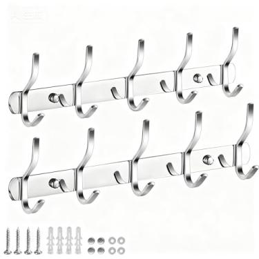 Imagem de Pacote com 2 ganchos espessos de aço inoxidável 304 – 40,6 cm e 5 ganchos para cabideiro montado na parede, resistente à ferrugem, ganchos de revestimento de níquel escovado, com capacidade para até