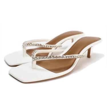 Imagem de Sandálias femininas de salto gatinho com strass com laço, bico aberto, chinelos de salto alto verão Miami + espuma viscoelástica, Branco, 38