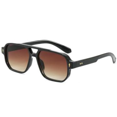 Imagem de HCPIHF Óculos de sol vintage com ponte dupla, masculino, fashion, lentes oceânicas, UV400, rebites femininos (degradê de chá preto)