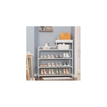 Imagem de Sapateira Rack Multiuso com Cestinho, Metal e TNT, Preto e Branco, 82x60cm, Organizador para Sapatos e Acessórios, 10-15 Pares