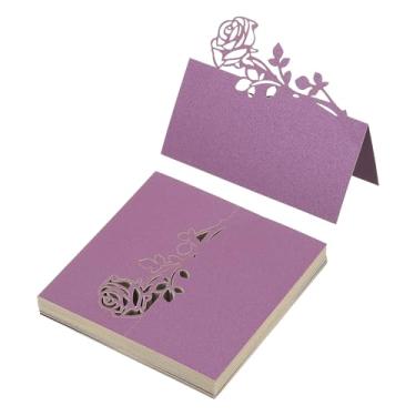 Imagem de PATIKIL 50 peças de cartões de casamento, cartões de nome, papel brilhante, rosa, etiquetas de assento dobradas para mesa buffet de comida, recepção de casamento, jantar, festa, roxo escuro