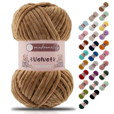 Imagem de Makromecity Fio de veludo 100 g (3,5 oz) / 120 m (132 jardas) fio de chenille premium 100% poliéster, ultra macio, antibolinhas, lavável na máquina, 30 cores para tricô e crochê (camelo, 1 novelo)