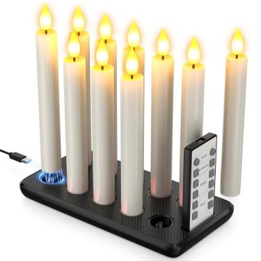 Imagem de Yme Velas cônicas recarregáveis sem chamas com controle remoto e base de carregamento, 10 peças de 17 cm operadas por bateria de LED velas cônicas elétricas cintilantes com temporizador para janela