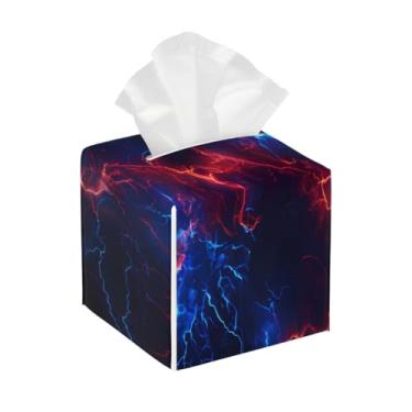 Imagem de Suporte quadrado de couro para caixa de lenços à prova d'água, relâmpago, vermelho, azul, psicodélico, organizador de papel facial com cinto inferior, estojo de lenços para mesa, banheiro, escritório