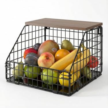 Imagem de Cesta de frutas montada na parede com tampa de madeira, armazenamento de cozinha suspenso para frutas, legumes, batatas, cebolas | Aço carbono resistente e madeira maciça, preto, organizador de