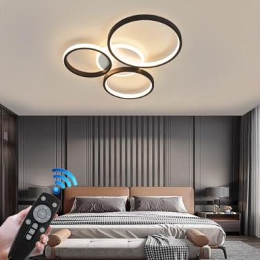 Imagem de Luminária de teto LED moderna para sala de estar, com 6 anéis, preta, redonda, em metal, para quarto, com temperatura de cor de 3000K a 6500K, controle remoto e dimerização, ideal para resta