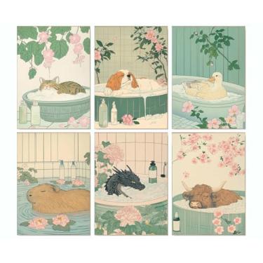 Imagem de Clendo Pacote com 6 kits de pintura de animais em banheira por números para adultos - kits de pintura vintage para adultos por números em tela artes artesanato para adultos arte de parede engraçada