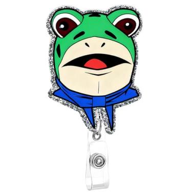 Imagem de Porta-crachá de sapo engraçado com rotação de 360° para cartão de identificação desenho animado No King Frog Badge Reel, clipe retrátil fofo com glitter rosa clipe médico para escritório RN CNA LPN