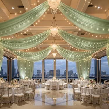 Imagem de FrohFest 6 painéis de cortinas de teto verdes com luzes para casamentos – 1,5 m x 6 m, tecido de tule sem rugas, arco de casamento, drapeado, cortinas de teto, decorações para festa de casamento