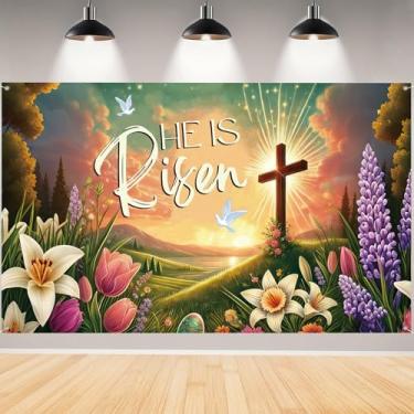 Imagem de Pano de fundo de páscoa, faixa fotográfica de fundo de páscoa colorido ovos coelhos cenários para crianças decorações e suprimentos de festa infantil - 180 x 109 cm (ele ressuscitou)