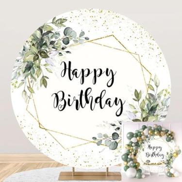Imagem de Leyiyi 2,2 x 2,2 m Capa de fundo redonda de aniversário verde folhas de eucalipto verde pontos dourados fundo fotográfico verde decoração de festa de aniversário suprimentos de festa de chá de bebê
