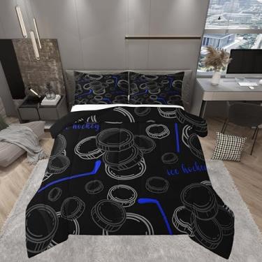 Imagem de Castle Fairy Conjunto de edredom esportivo de hóquei, preto e branco, para crianças, meninas, meninos, adolescentes, adultos, esportes de inverno, conjunto de edredom acolchoado, coleção de quarto, 2
