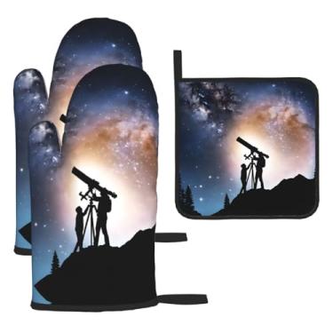 Imagem de Galáxia espacial com telescópio – Conjunto de cozinha essencial de 3 peças, luvas resistentes ao calor e alça de tampa, proteção para churrasco no forno, design de armazenamento suspenso.