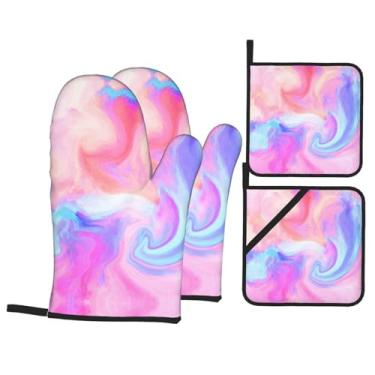 Imagem de Pintura líquida - Conjunto de luvas de cozinha estampadas com suportes de tampa, luvas de forno resistentes ao calor para manusear panelas quentes, grelhar, churrascos, kit de 4 peças.
