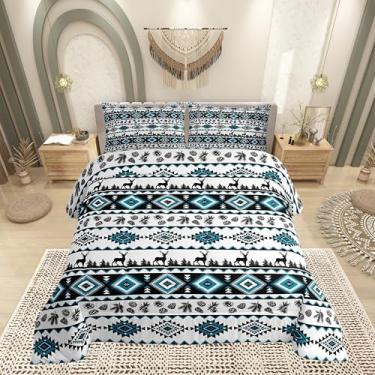 Imagem de Conjunto de cama com silhuetas de veado, para meninos e meninas, alce ocidental, tribal, étnico, todas as estações, aconchegante, conjunto de edredom com 2 fronhas, estampa geométrica abstrata asteca