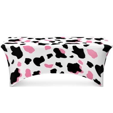 Imagem de Oudain Toalha de mesa de vaca rosa de 1,8 m, toalha de mesa de vaca elastano, decoração de festa de aniversário de vaqueira rosa, capa de mesa elástica para mesas dobráveis padrão, decoração de festa