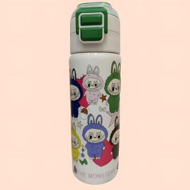 Imagem de Garrafa Térmica Infantil Monstrinho, 500ml, Aço Inox com Canudo, Interior em Inox, Tampa com Trava de Segurança (Branca)