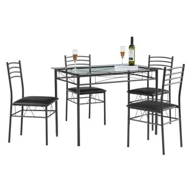 Imagem de conjunto de jantar Mesa e cadeiras da sala de jantar cozinha, 4 conjuntos 5 peças incluídos, economizando espaço, preto fosco