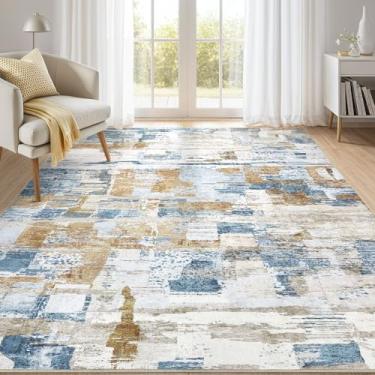 Imagem de Tapete abstrato para sala de estar, 12 x 18 cm, moderno, lavável, macio, fino, para sala de estar, quarto, mesa de jantar, tapete neutro para casa, escritório, sala de jogos, berçário, azul dourado