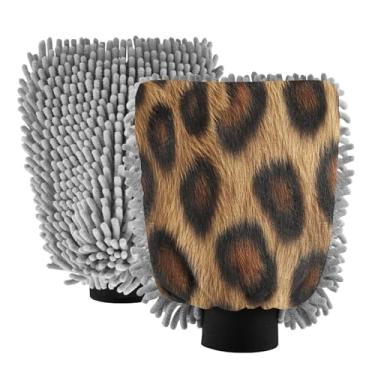 Imagem de STAYTOP Lindas luvas de lavagem de carro com estampa de leopardo marrom, 2 peças, luvas de microfibra de chenille, sem arranhões, panos de esponja de lavagem ultra absorventes para carros, limpeza