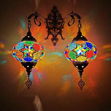 Imagem de Luminária de parede turca com 2 lâmpadas, estilo marroquino com mosaico, arandela boêmia tradicional para cabeceira, ideal para sala de estar, quarto, corredor, varanda, café ou bar.