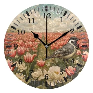 Imagem de CEBUGI Pássaro em tulipas relógio de parede operado por bateria relógios redondos silenciosos sem tique-taque relógios de parede para cozinha, banheiro, quarto, escritório, decoração 25,4 cm