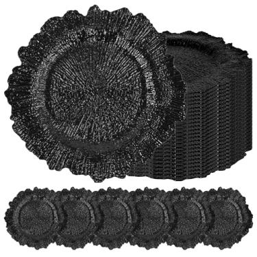 Imagem de 24 placas de carregamento pretas a granel placas de carregamento de plástico de 33 cm para prato de jantar, carregadores pretos para configuração de mesa, placa de design de recife, carregadores