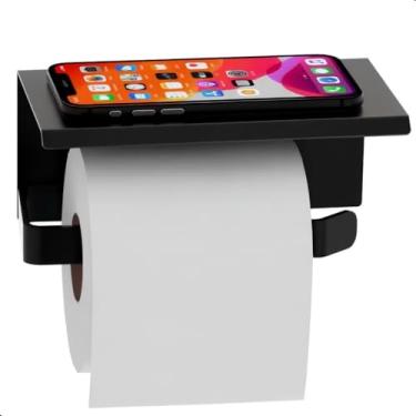 Imagem de Porta Papel Higiênico de Parede com Suporte para Celular, Inox Preto, Design Moderno
