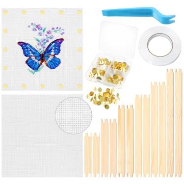 Imagem de Colingmill Conjunto de moldura de ponto bordado com 12 barras de agulha esticadora 14 tela branca de malha 60 tachinhas, 1 removedor de 1 fita branca com fita adesiva média para bordados, artistas