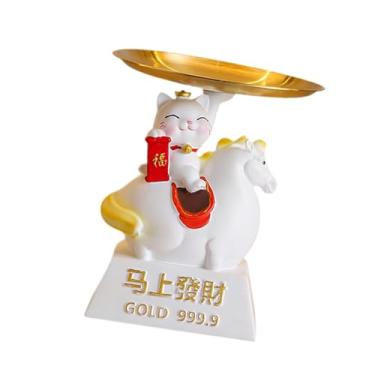Imagem de Generic Bandeja com estatueta de gato, decoração de mesa para casa, escultura de animal com porta-chaves para sala de estar, Branco
