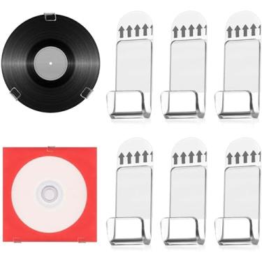 Imagem de Suporte de parede para gravação de acrílico, 6 peças, suporte autoadesivo para armazenamento de álbuns, sem broca, cabide de cartão de CD para decoração de casa para amantes de música (transparente)