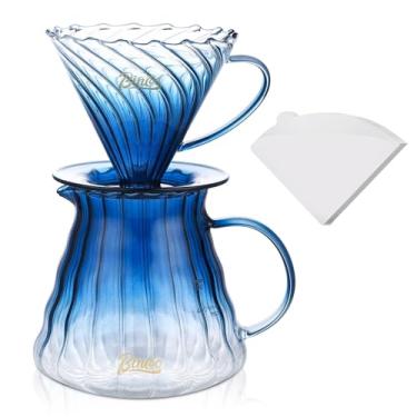 Imagem de Bincoo Conjunto de cafeteira com gotejador tamanho 02.600 ml, gotejador de café de vidro cônico de 60 ângulos com suporte e papel de filtro para presente de escritório em casa (azul)