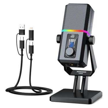 Imagem de NEEWER Microfone USB UM02 RGB para podcasts de streaming de jogos, condensador cardioide com cancelamento de ruído, microfone de mesa para monitoramento de fone de ouvido, compatível com iPhone, iPad