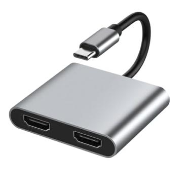 Imagem de ZEZEFUFU Adaptador USB C para HDMI duplo 4K a 60HZ, adaptador USB HDMI 4 em 1 conversor de monitores duplos Hub HDMI alimentado