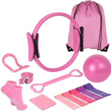 Imagem de Conjunto de Pilates Completo para Treino em Casa com Anel, Bola e Faixas de Resistência(rosa)