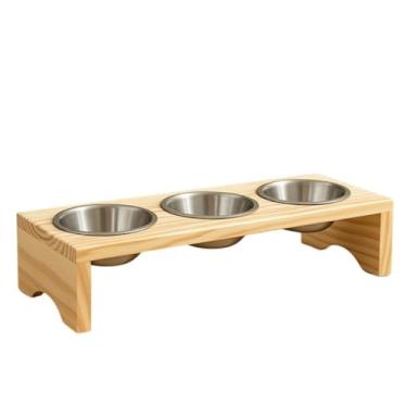 Imagem de Comedouro Triplo Elevado em Madeira Pinus para Gatos e Cães de Pequeno Porte – 3 Potes para Água e Ração