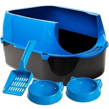 Imagem de Caixa de Areia para Gatos Grandes Sandbox Pet com Pá, Comedouro e Bebedouro – Banheiro Sanitário Resistente e Espaçoso(Azul)